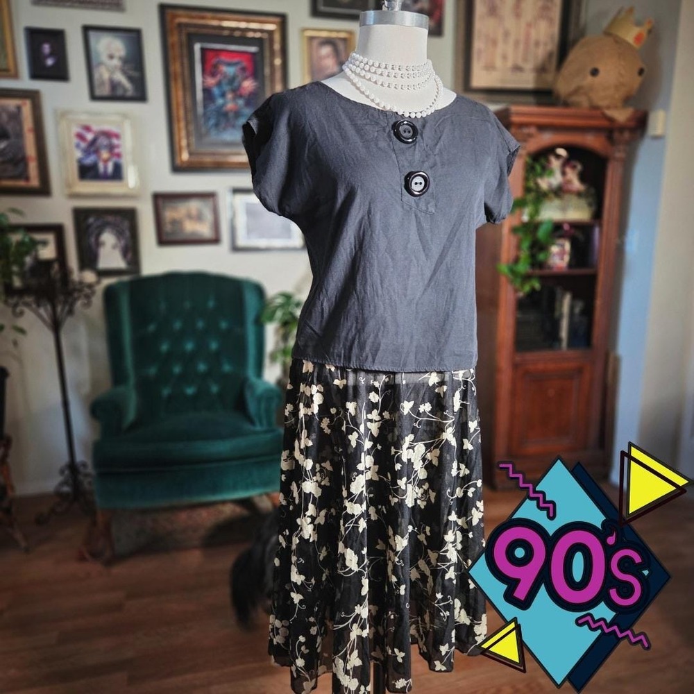 Suzy‎ Phillips Skirt Set Vintage 90s Two Piece Black Floral Midi Medium Grunge